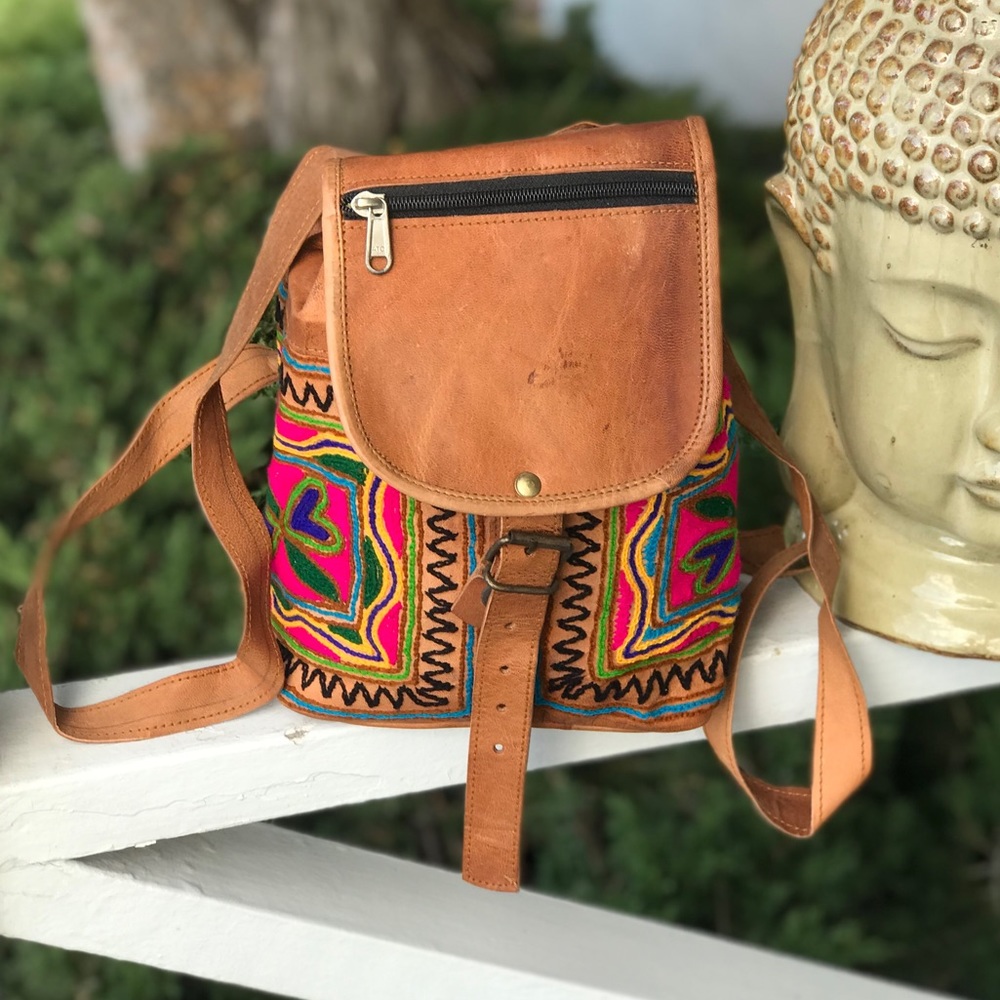 Boho Embroidered Tan Camel Leather Mini Backpack - Picture 3 of 10